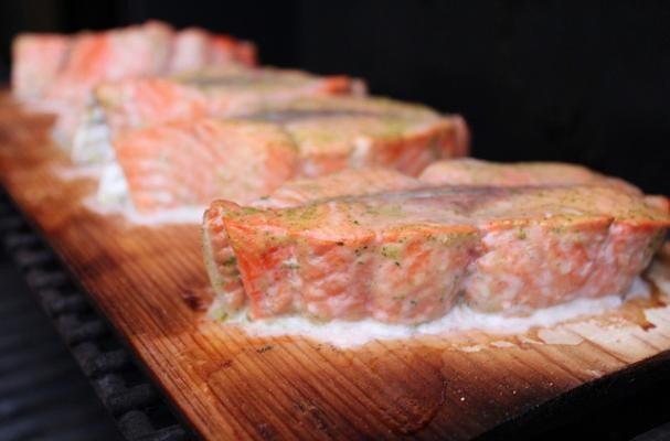 Cedar-Planked Salmon With Mustard Dill Sauce